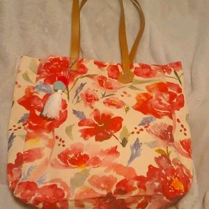 Huge canvas floral pom tote beach bag